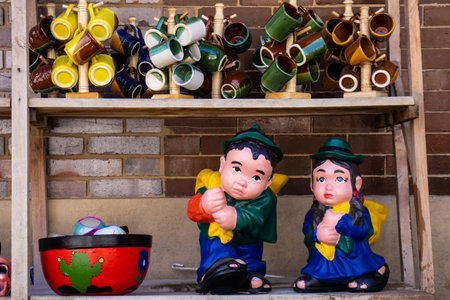 RAQUIRA, COLOMBIA - FEBRUARY 2021. Beautiful handicrafts at the small town of Raquira. The city of pots, Colombiaのeditorial素材