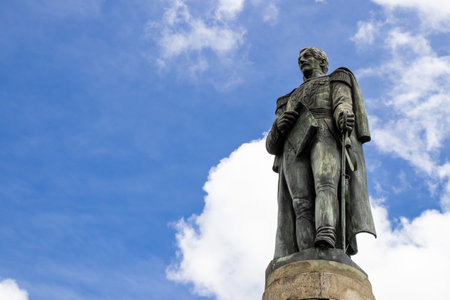 VENTAQUEMADA, COLOMBIA - FEBRUARY 2021. Monument to General Francisco de Paula Santander. The famous historic Bridge of Boyaca in Colombia. The Colombian independence Battle of Boyaca took place here on August 7, 1819.のeditorial素材