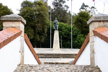 VENTAQUEMADA, COLOMBIA - FEBRUARY 2021. Monument to General Francisco de Paula Santander seen from the famous historic Bridge of Boyaca in Colombia. The Colombian independence Battle of Boyaca took place here on August 7, 1819.のeditorial素材