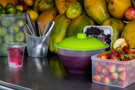 Preparation of a traditional sweet water ice with fruits called cholado in the city of Cali in...