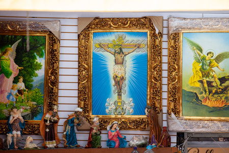 BUGA, COLOMBIA - OCTOBER 2021. Sale of religious articles close to the Minor Basilica of the Lord of Miracles located in the city of Buga in Colombiaのeditorial素材
