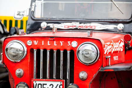 SALENTO, COLOMBIA - JULY 2021. Traditional Jeep Willys in the beautiful small town of Salento...