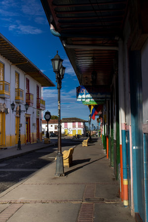SALENTO, COLOMBIA - JULY 2021. Beautiful street and facades of the houses of the small town of Salento located at the region of Quindio in Colombiaのeditorial素材
