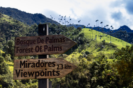SALENTO, COLOMBIA - JULY 2021. Signs at the beautiful cloud forest and the Quindio Wax Palms at the Cocora Valley located in Salento in the Quindio region in Colombia.のeditorial素材