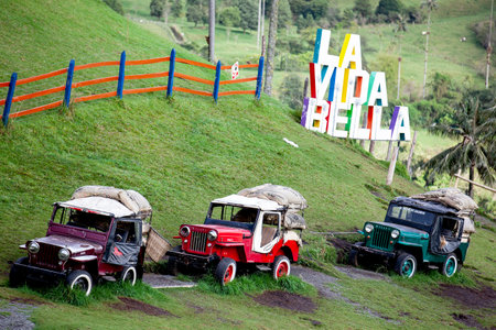 SALENTO, COLOMBIA - JULY 2021. Traditional Jeep Willys at the beautiful Cocora Valley located in Salento in the Quindio region in Colombiaのeditorial素材