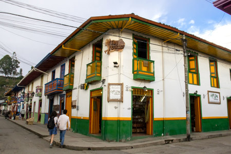 SALENTO, COLOMBIA - JULY 2021. Corner at the traditional colorful streets of the beautiful colonial town of Salento in the region of Quindio in Colombiaのeditorial素材