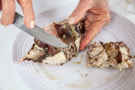 Close up of the process of breaking down a fresh crab to take out the fleshの写真素材