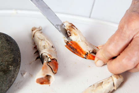 Close up of the process of breaking down a fresh crab to take out the fleshの写真素材