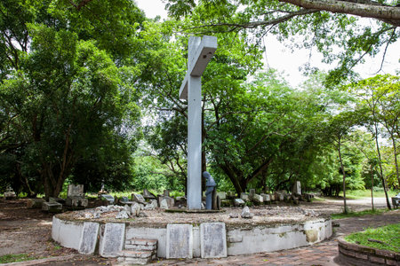 ARMERO, COLOMBIA - MAY, 2022: Monument commemorating the visit of Pope John Paul II in 1986 to the site of the Armero tragedy caused by the Nevado del Ruiz Volcano in 1985のeditorial素材