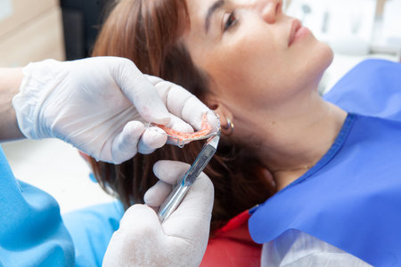 Orthodontic specialist dentist adjusting a retainer for a female patient