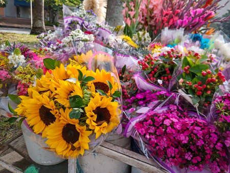 Street sell of beautiful tropical flowersの写真素材