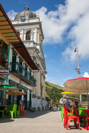 TITIRIBI, COLOMBIA - NOVEMBER, 2017: View of the central square and Historical church Our Lady of Sorrows built on 1880 in the small town of Titiribi at the Southwestern Antioquia in Colombiaのeditorial素材
