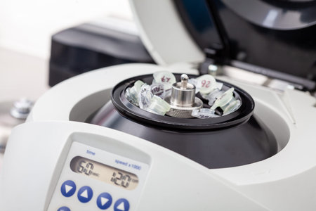 Table centrifuge filled with tubes. Spin column-based nucleic acid purification technique.