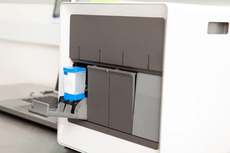 Thermal cycler machine in a molecular biology laboratory. Polymerase chain reaction technique. PCR...
