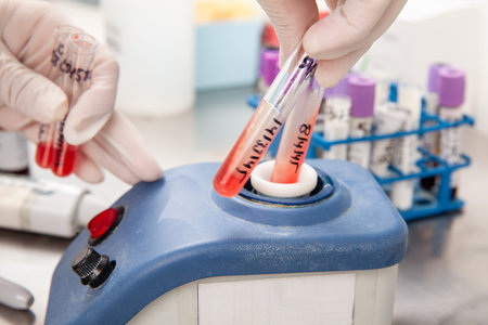 Scientist using a vortex to mix contents in a test tube. Scientist preparing bone marrow samples for...