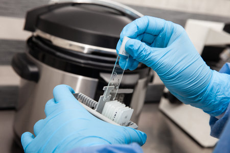 Scientist preparing slides with tissue samples for immunohistochemistry assay in the laboratory....