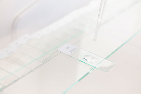 Scientist preparing slides with paraffin embedded tissue samples for immunohistochemistry assay in the laboratory.の写真素材