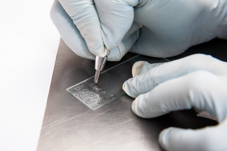 Laboratory labeling a microscope slide using a diamond tip pencil. Laboratory giving admission to...