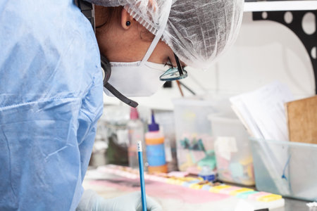 Scientist processing biopsy samples at the pathology laboratory to be embedded in paraffin for...