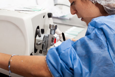 Young female scientist works on a rotary microtome to obtain sections from a paraffin-embedded...