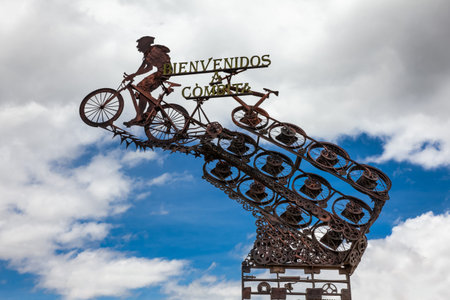 Combita, Boyaca, Colombia â 8th of August 2023: Industrial monument to the cyclists at the entrance of the Combita Municipality on the region of Boyaca in Colombia.のeditorial素材