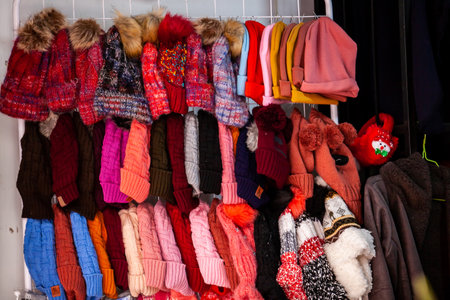 Traditional handmade knitted hats at the beautiful small town of Nobsa in the region of Boyaca in Colombiaの写真素材
