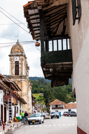 Tibasosa, Boyaca, Colombia - August 9th 2023. View of the Historical Our Lady of the Rosary Church at the central square of the small town of Tibasosa located in the Boyaca department in Colombiaのeditorial素材