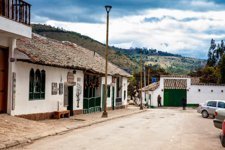 Iza, Boyaca, Colombia - August 9th 2023. Beautiful architecture of the streets of the colonial small town of Iza located in the Boyaca department in Colombiaのeditorial素材