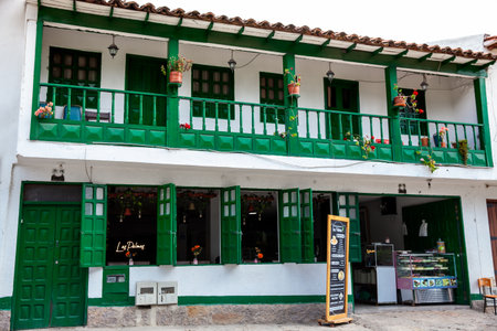Iza, Boyaca, Colombia - August 9th 2023. Beautiful architecture of the streets of the colonial small town of Iza located in the Boyaca department in Colombiaのeditorial素材