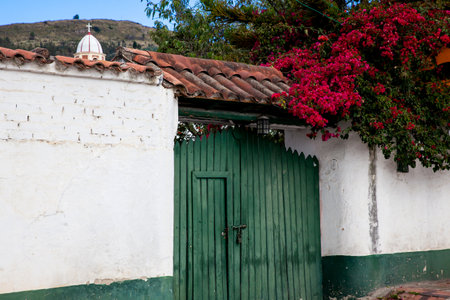 Detail of the beautiful colonial architecture of the streets of the colonial small town of Iza located in the Boyaca department in Colombiaの写真素材
