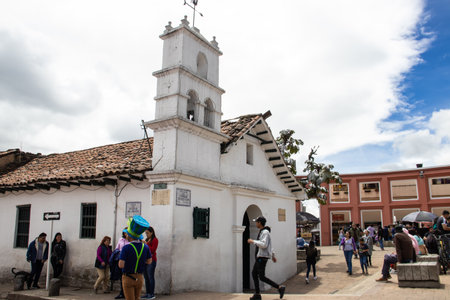 Bogota, Colombia - July 2nd 2023. Tourists at the Hermitage of San Miguel del Principe in the famous Chorro de Quevedo, the location where Gonzalo Jimenez de Quesada first established the foundations of Bogota in 1539.のeditorial素材