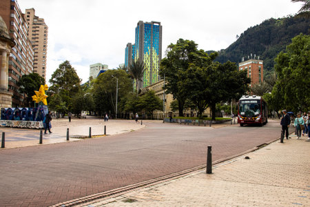 Bogota, Colombia - July 2nd 2023. Transmilenio bus at the Environmental Eje in Bogota city center.のeditorial素材