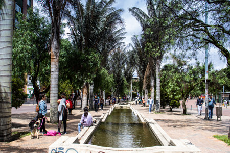 Bogota, Colombia - July 2nd 2023. View of the walking path and fountains of the Environmental Eje in Bogota city center.のeditorial素材