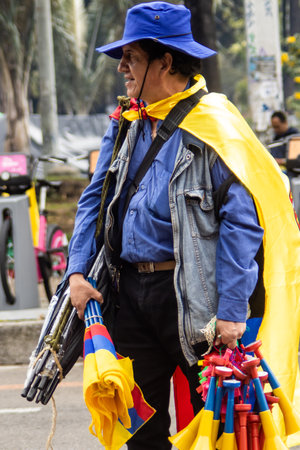 Bogota, Colombia - 18 October 2023. Peaceful protest of the members of the active reserve of the military and police forces in Bogota Colombia against the government of Gustavo Petro.のeditorial素材