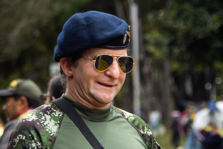 Bogota, Colombia - 18 October 2023. Peaceful protest of the members of the active reserve of the military and police forces in Bogota Colombia against the government of Gustavo Petro.のeditorial素材
