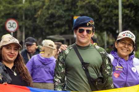 Bogota, Colombia - 18 October 2023. Peaceful protest of the members of the active reserve of the military and police forces in Bogota Colombia against the government of Gustavo Petro.のeditorial素材