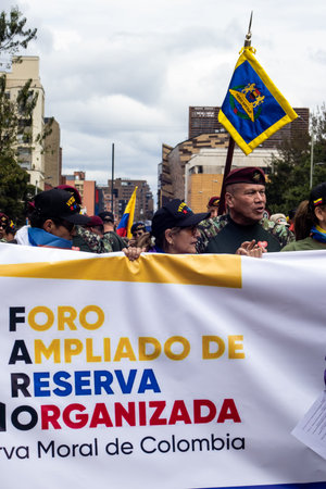 Bogota, Colombia - 18 October 2023. Peaceful protest of the members of the active reserve of the military and police forces in Bogota Colombia against the government of Gustavo Petro.のeditorial素材