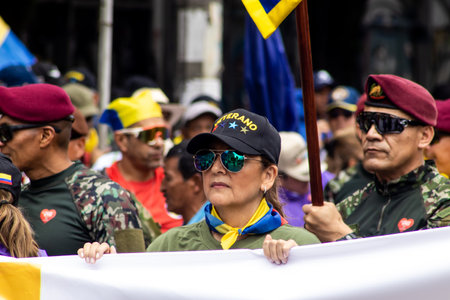 Bogota, Colombia - 18 October 2023. Peaceful protest of the members of the active reserve of the military and police forces in Bogota Colombia against the government of Gustavo Petro.のeditorial素材