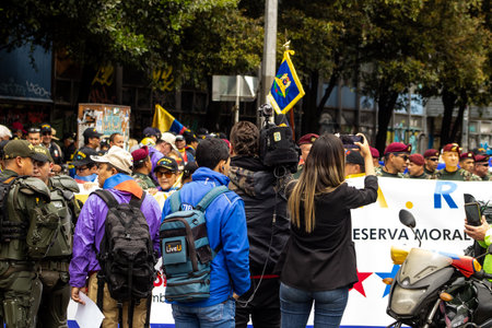 Bogota, Colombia - 18 October 2023. Peaceful protest of the members of the active reserve of the military and police forces in Bogota Colombia against the government of Gustavo Petro.のeditorial素材