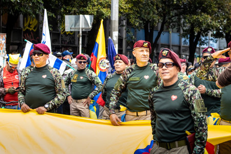 Bogota, Colombia - 18 October 2023. Peaceful protest of the members of the active reserve of the military and police forces in Bogota Colombia against the government of Gustavo Petro.のeditorial素材