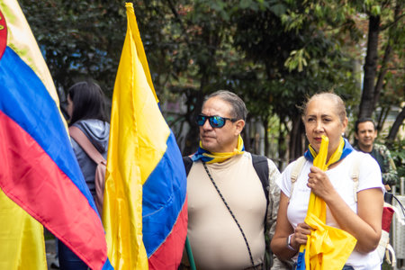 Bogota, Colombia - 18 October 2023. Peaceful protest of the members of the active reserve of the military and police forces in Bogota Colombia against the government of Gustavo Petro.のeditorial素材