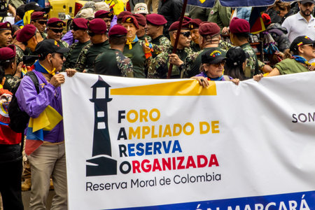 Bogota, Colombia - 18 October 2023. Peaceful protest of the members of the active reserve of the military and police forces in Bogota Colombia against the government of Gustavo Petro.のeditorial素材