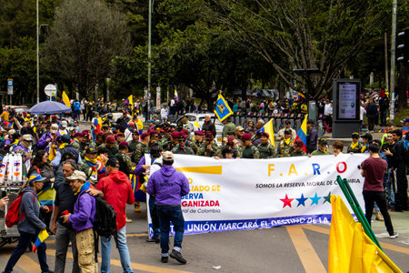 Bogota, Colombia - 18 October 2023. Peaceful protest of the members of the active reserve of the military and police forces in Bogota Colombia against the government of Gustavo Petro.のeditorial素材