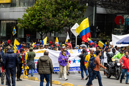Bogota, Colombia - 18 October 2023. Peaceful protest of the members of the active reserve of the military and police forces in Bogota Colombia against the government of Gustavo Petro.のeditorial素材