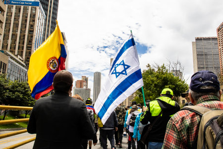 Bogota, Colombia - 18 October 2023. Israel and Colombia flags at the peaceful protest of the members of the active reserve of the military and police forces in Bogota Colombia against the government of Gustavo Petro.のeditorial素材