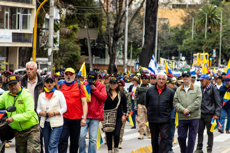 Bogota, Colombia - 18 October 2023. Peaceful protest of the members of the active reserve of the military and police forces in Bogota Colombia against the government of Gustavo Petro.のeditorial素材