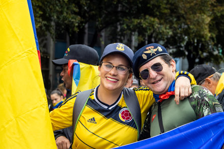 Bogota, Colombia - 18 October 2023. Peaceful protest of the members of the active reserve of the military and police forces in Bogota Colombia against the government of Gustavo Petro.のeditorial素材