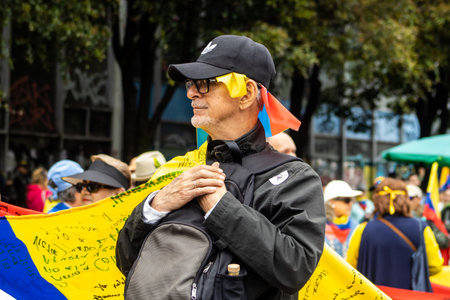 Bogota, Colombia - 18 October 2023. Peaceful protest of the members of the active reserve of the military and police forces in Bogota Colombia against the government of Gustavo Petro.のeditorial素材