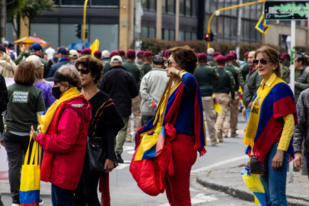 Bogota, Colombia - 18 October 2023. Peaceful protest of the members of the active reserve of the military and police forces in Bogota Colombia against the government of Gustavo Petro.のeditorial素材