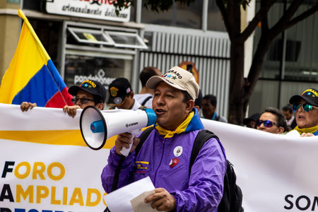 Bogota, Colombia - 18 October 2023. Peaceful protest of the members of the active reserve of the military and police forces in Bogota Colombia against the government of Gustavo Petro.のeditorial素材